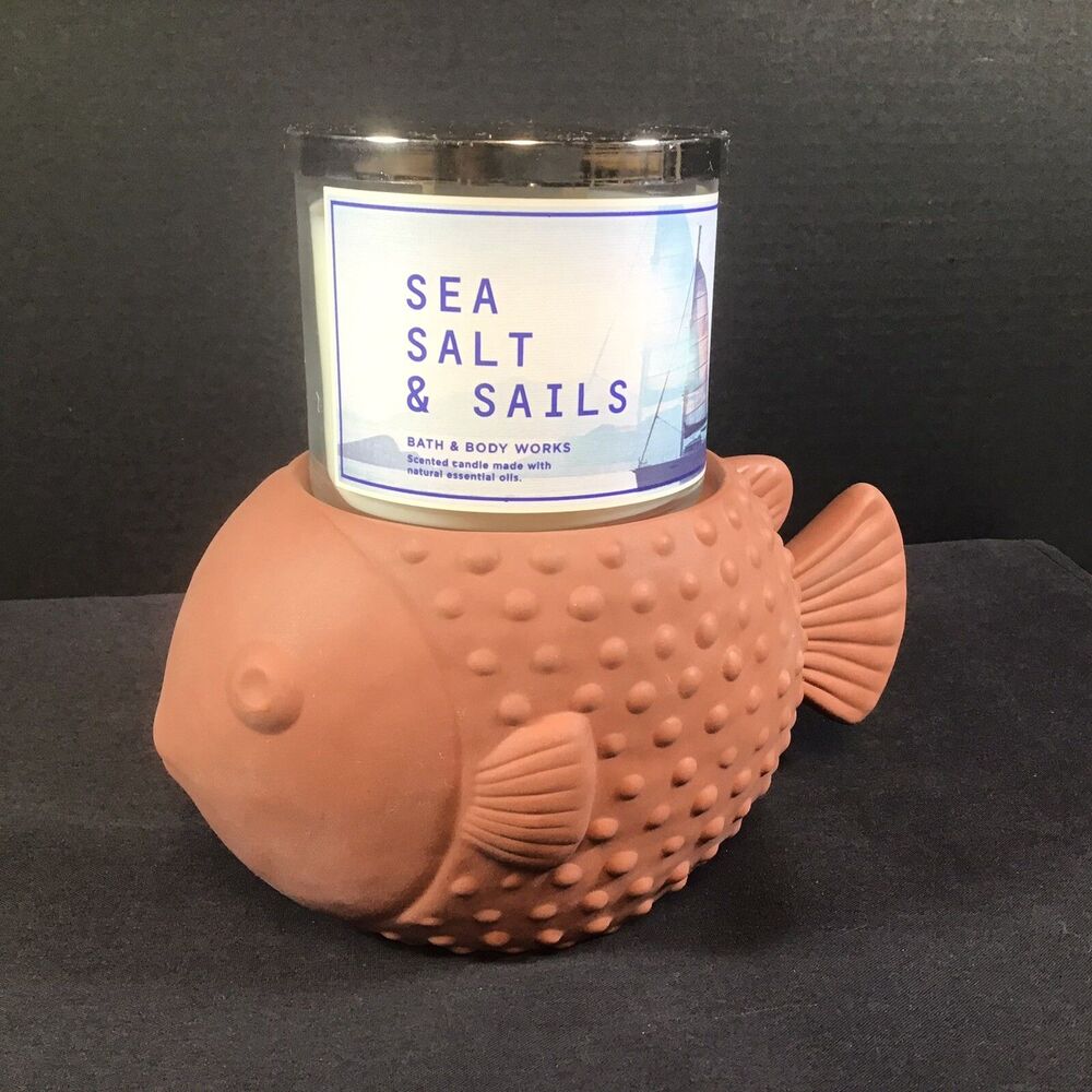 Bath and Body Works Large Candle Holder 3 Wick Puffer FISH Pedestal Terra Cotta